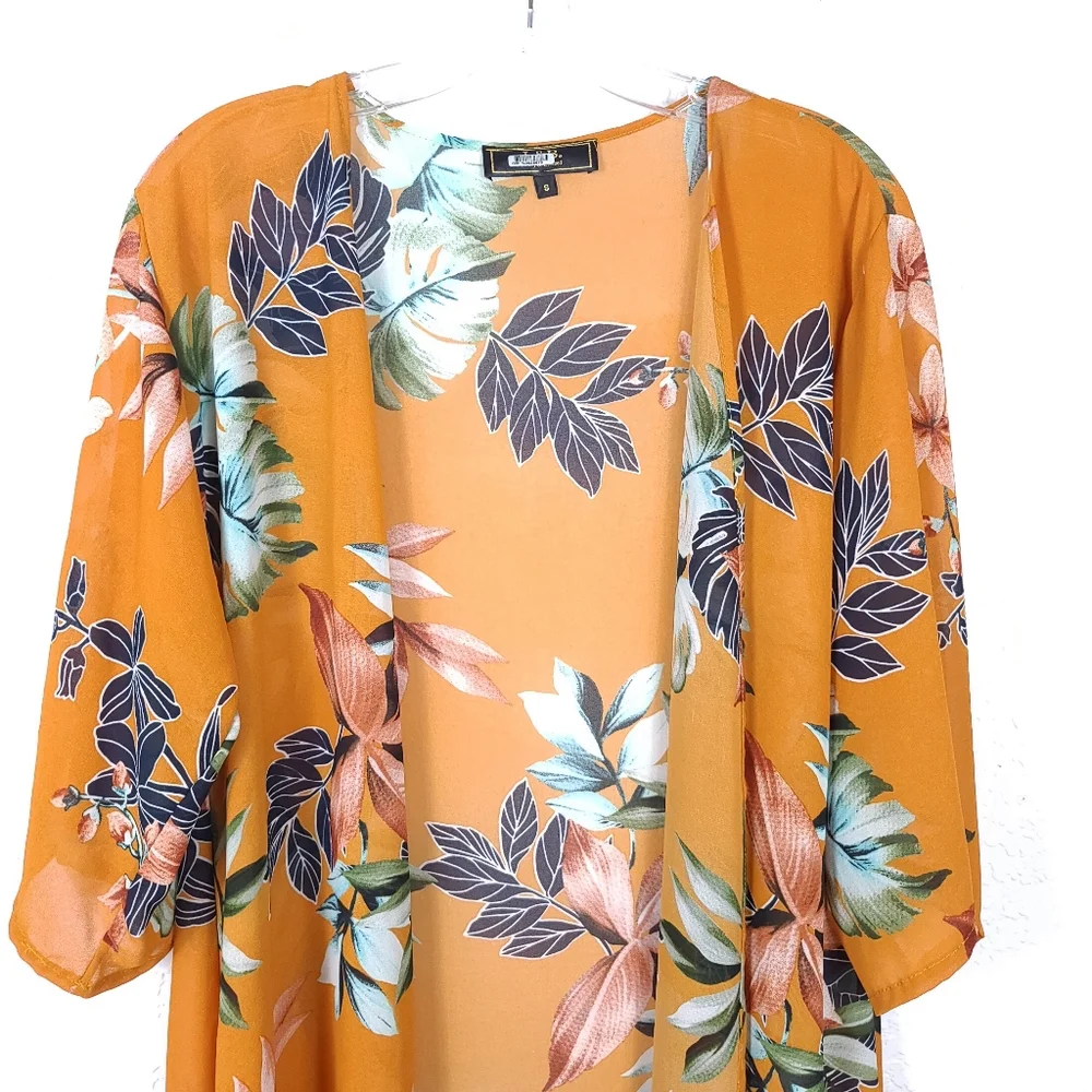L&B Sheer Floral Kimono Cardigan – Orange Green Boho Resort Style – Small - Picture 4 of 9